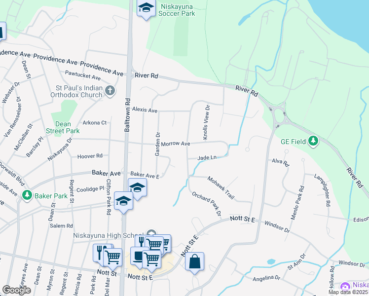 map of restaurants, bars, coffee shops, grocery stores, and more near 2109 Orchard Park Drive in Schenectady County