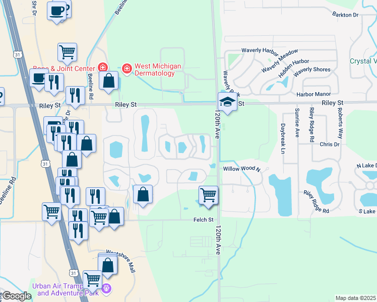 map of restaurants, bars, coffee shops, grocery stores, and more near 3035 West Springview Drive in Holland