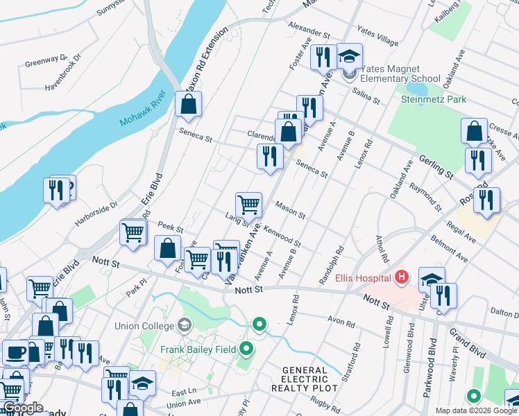 map of restaurants, bars, coffee shops, grocery stores, and more near 1672 Van Vranken Avenue in Schenectady