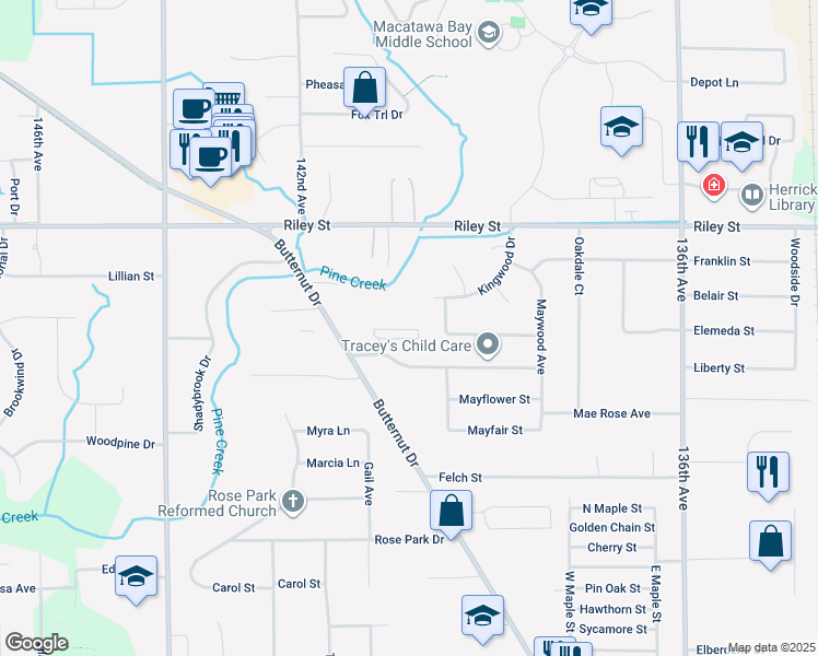 map of restaurants, bars, coffee shops, grocery stores, and more near 748 West Mae Rose Avenue in Holland
