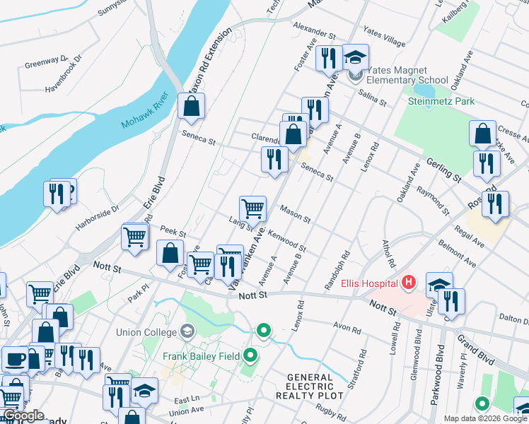 map of restaurants, bars, coffee shops, grocery stores, and more near 1672 Van Vranken Avenue in Schenectady