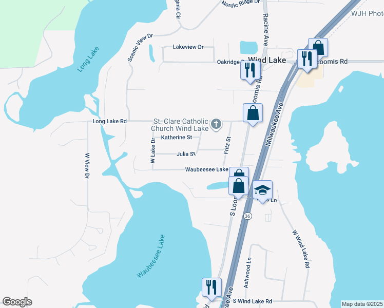 map of restaurants, bars, coffee shops, grocery stores, and more near 26721 Julia Street in Wind Lake