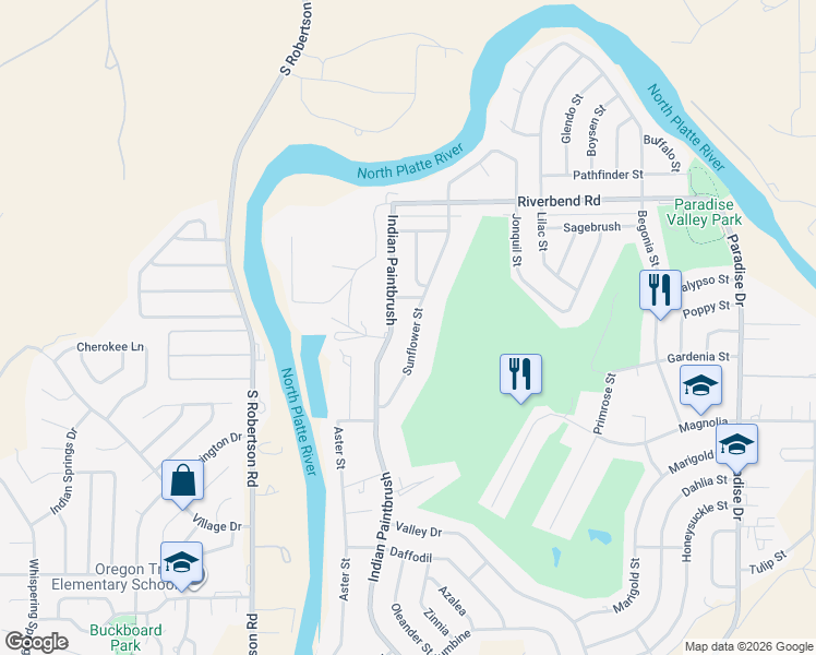 map of restaurants, bars, coffee shops, grocery stores, and more near 199 Sunflower Street in Casper