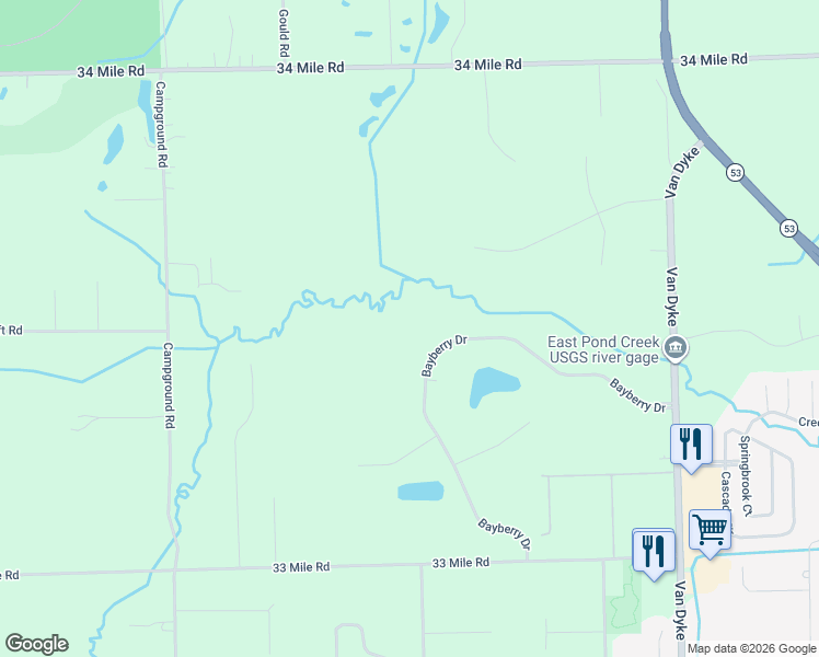 map of restaurants, bars, coffee shops, grocery stores, and more near 11321 Bayberry Drive in Macomb County