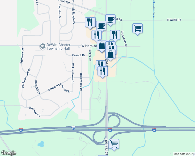 map of restaurants, bars, coffee shops, grocery stores, and more near 13274 Old U.S. 27 in DeWitt