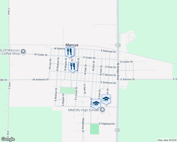 map of restaurants, bars, coffee shops, grocery stores, and more near 300 East Spruce Street in Marcus