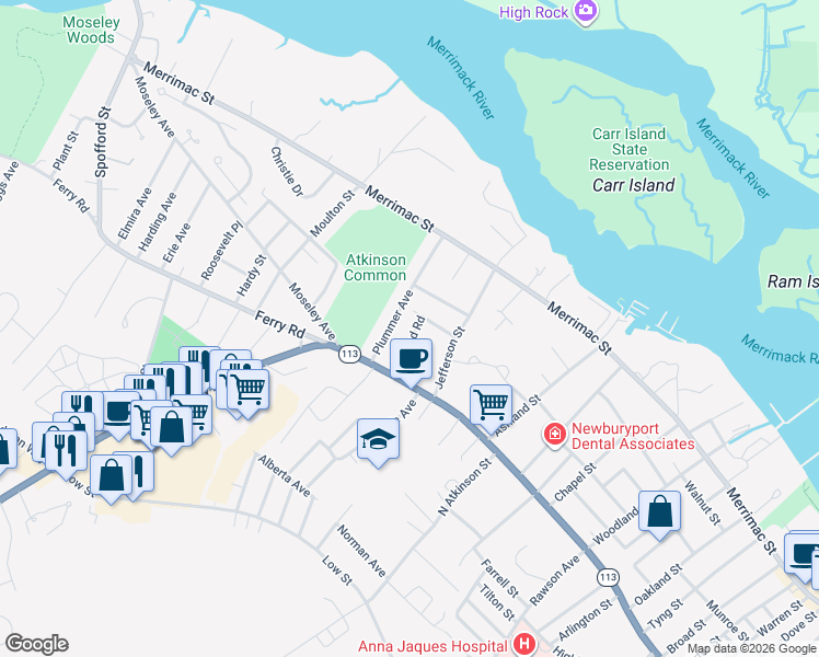 map of restaurants, bars, coffee shops, grocery stores, and more near 8 Upland Road in Newburyport