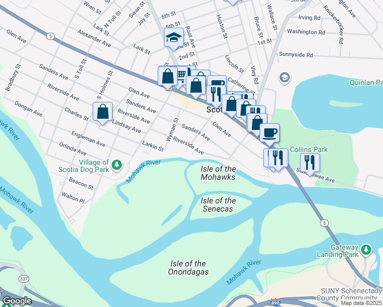 map of restaurants, bars, coffee shops, grocery stores, and more near 133 Riverside Avenue in Scotia