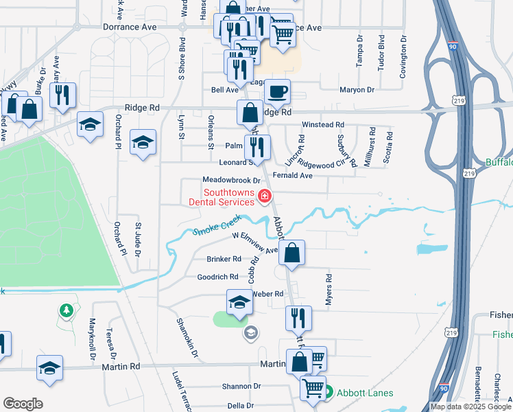 map of restaurants, bars, coffee shops, grocery stores, and more near 127 Norfred Drive in Buffalo
