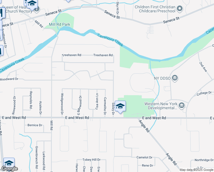 map of restaurants, bars, coffee shops, grocery stores, and more near 107 Carmelite Drive in Buffalo
