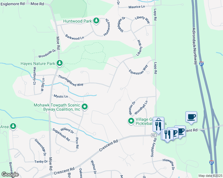 map of restaurants, bars, coffee shops, grocery stores, and more near 15 Shetland Green in Saratoga County
