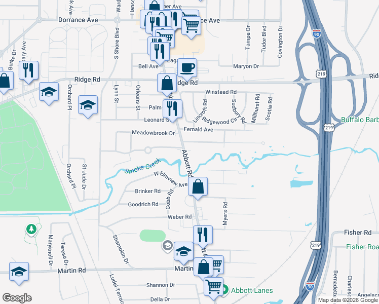 map of restaurants, bars, coffee shops, grocery stores, and more near 1528 Abbott Road in Lackawanna