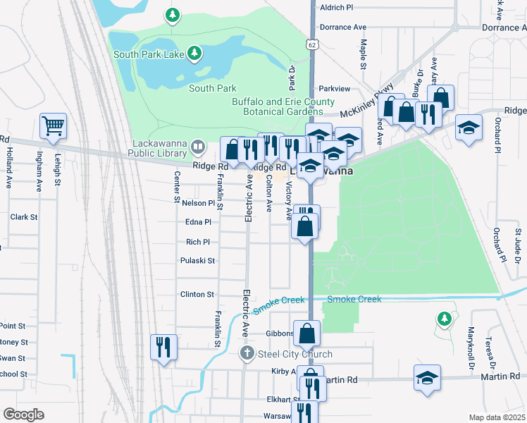 map of restaurants, bars, coffee shops, grocery stores, and more near 76 Colton Avenue in Buffalo