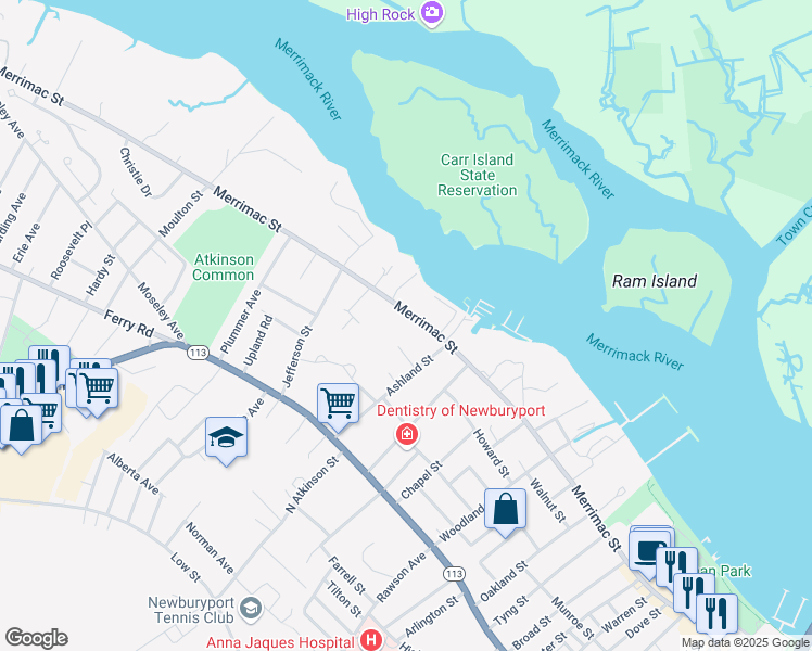 map of restaurants, bars, coffee shops, grocery stores, and more near 341 Merrimac Street in Newburyport