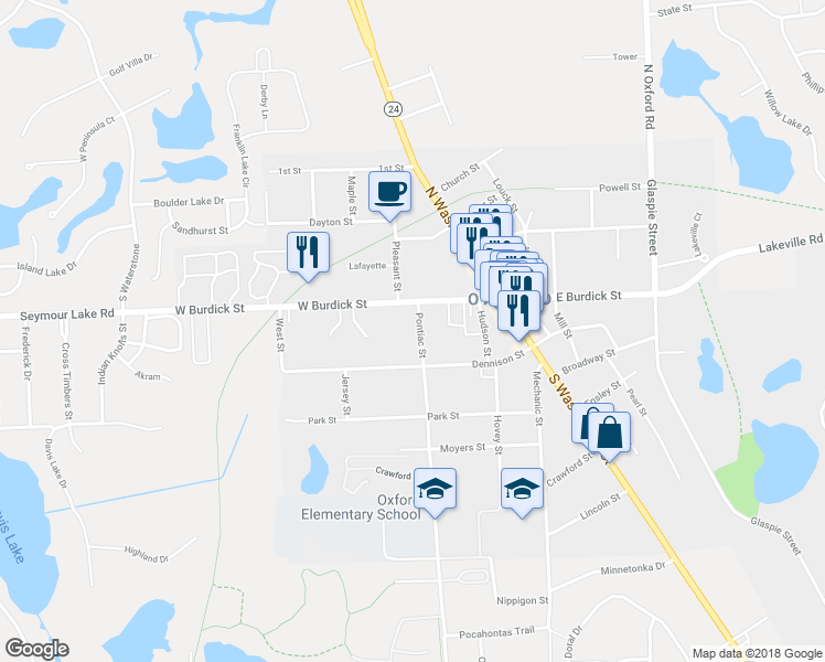 map of restaurants, bars, coffee shops, grocery stores, and more near 15 Pontiac Street in Oakland County