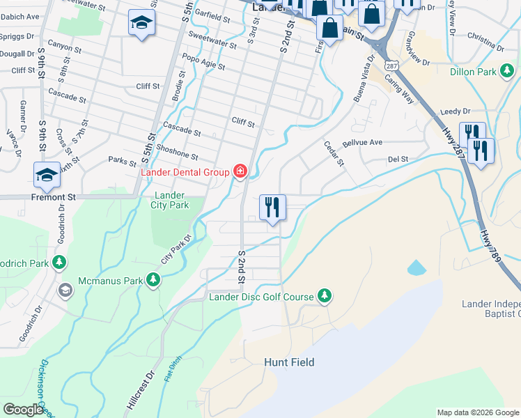 map of restaurants, bars, coffee shops, grocery stores, and more near 100-150 Wyoming St in Lander