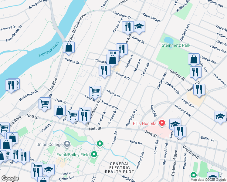 map of restaurants, bars, coffee shops, grocery stores, and more near 1685 Avenue A in Schenectady