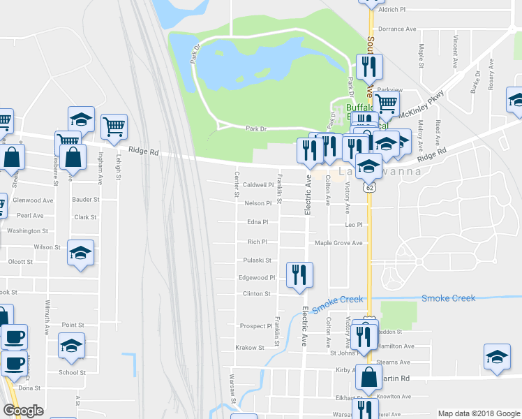 map of restaurants, bars, coffee shops, grocery stores, and more near 70 Edna Place in Lackawanna