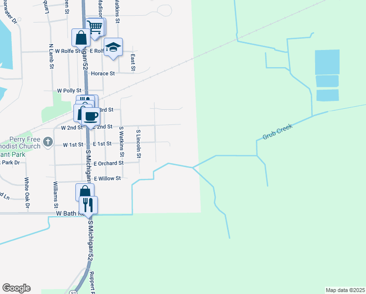 map of restaurants, bars, coffee shops, grocery stores, and more near 521 East 1st Street in Perry