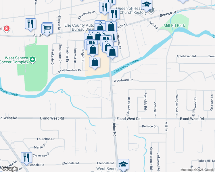 map of restaurants, bars, coffee shops, grocery stores, and more near 844 New York 277 in West Seneca