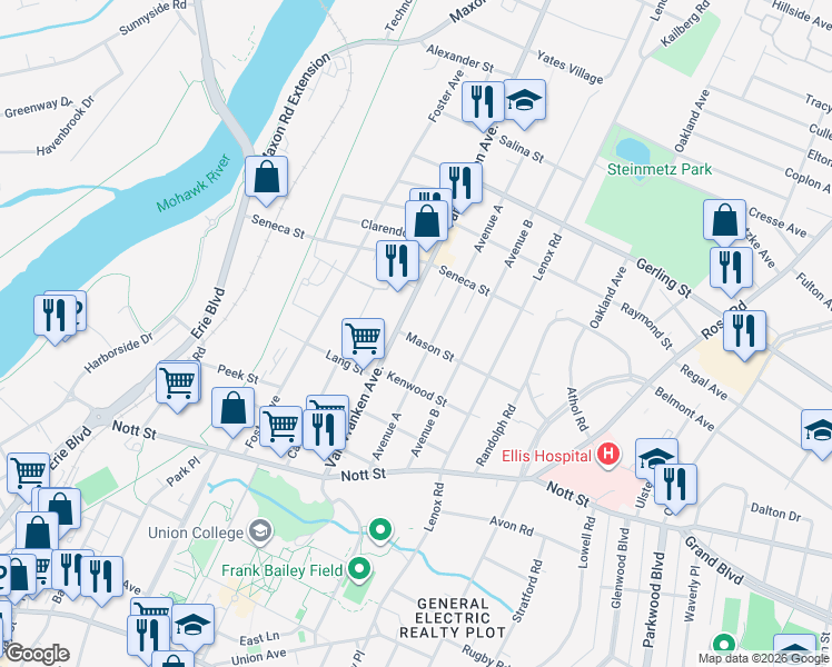 map of restaurants, bars, coffee shops, grocery stores, and more near 721 Mason Street in Schenectady