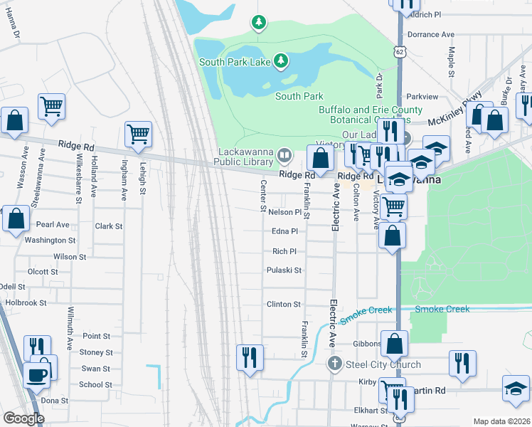 map of restaurants, bars, coffee shops, grocery stores, and more near 83 Center Street in Buffalo