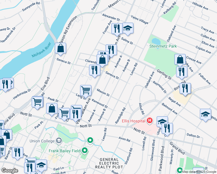 map of restaurants, bars, coffee shops, grocery stores, and more near 905 Mason Street in Schenectady