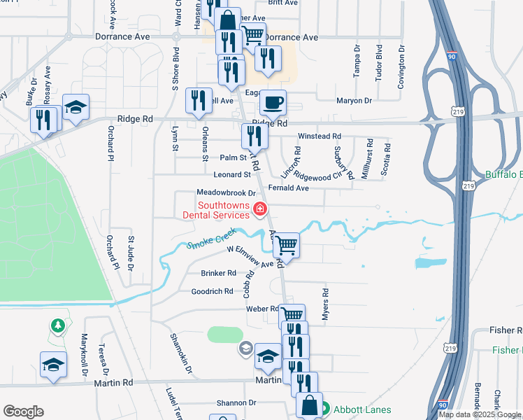 map of restaurants, bars, coffee shops, grocery stores, and more near 127 Norfred Drive in Buffalo