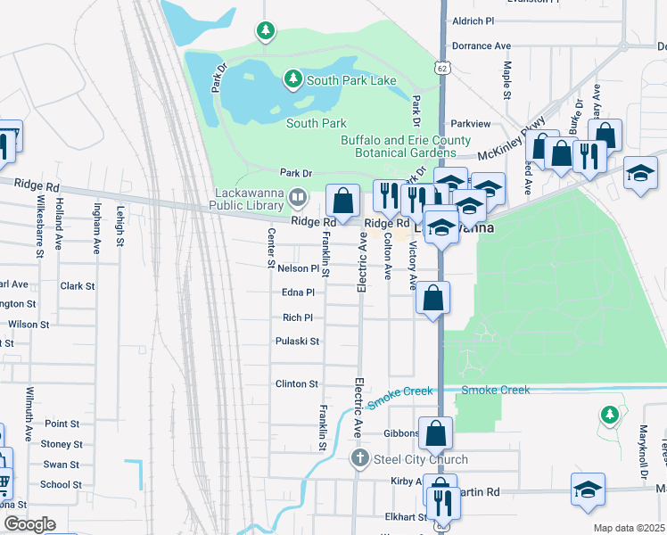 map of restaurants, bars, coffee shops, grocery stores, and more near 81 Franklin Street in Lackawanna
