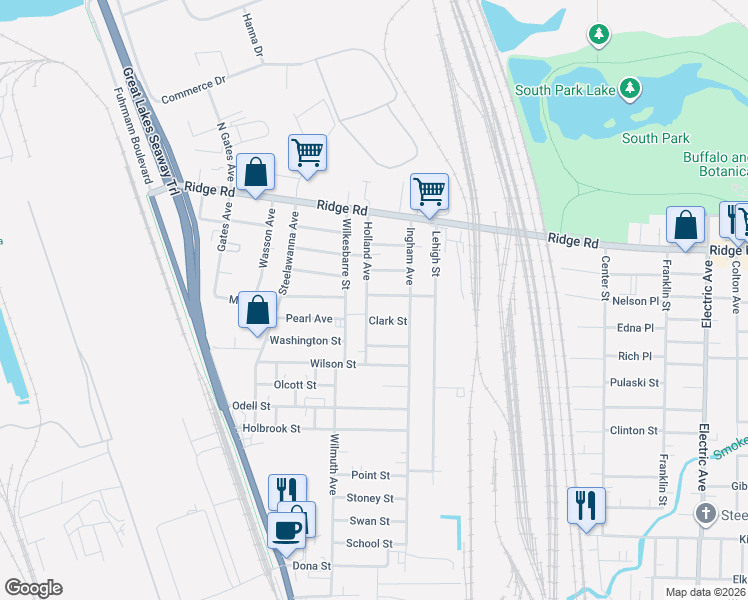 map of restaurants, bars, coffee shops, grocery stores, and more near 19 Clark Street in Lackawanna