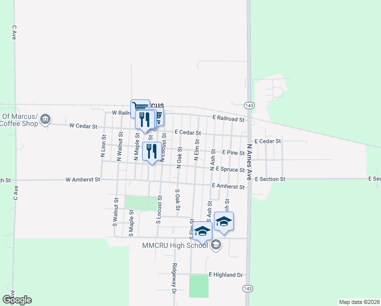 map of restaurants, bars, coffee shops, grocery stores, and more near 300 East Spruce Street in Marcus