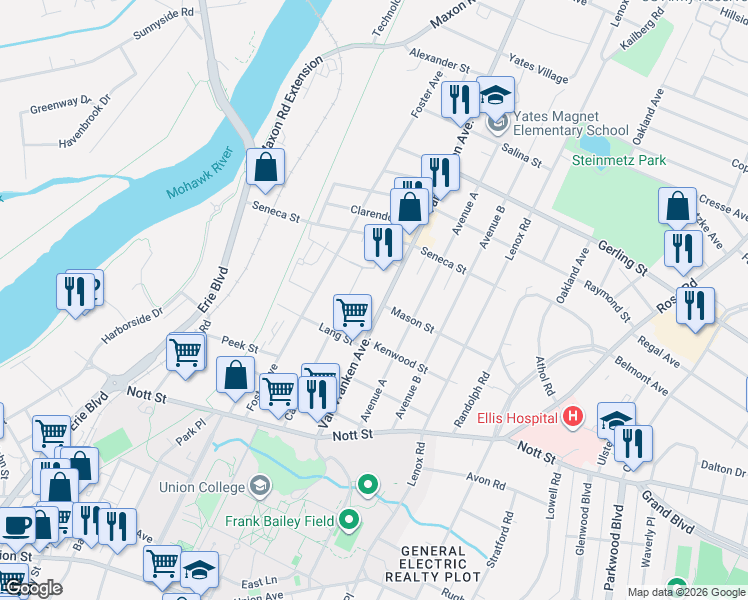 map of restaurants, bars, coffee shops, grocery stores, and more near 1764 Carrie Street in Schenectady