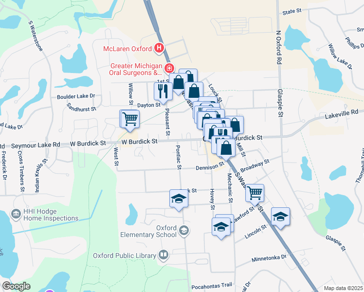 map of restaurants, bars, coffee shops, grocery stores, and more near 39 West Burdick Street in Oakland County