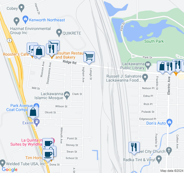 map of restaurants, bars, coffee shops, grocery stores, and more near 78 Lehigh Street in Lackawanna