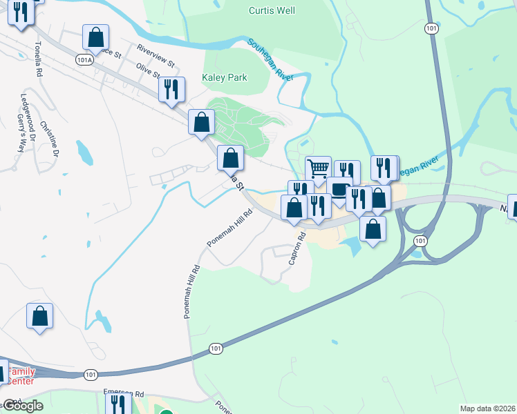map of restaurants, bars, coffee shops, grocery stores, and more near 514 Nashua Street in Milford