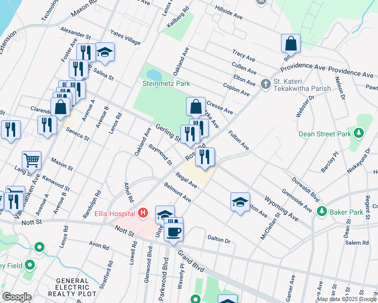 map of restaurants, bars, coffee shops, grocery stores, and more near 1209 Gerling Street in Schenectady
