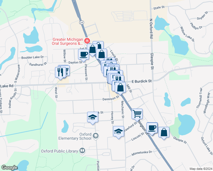map of restaurants, bars, coffee shops, grocery stores, and more near 19 West Burdick Street in Oakland County