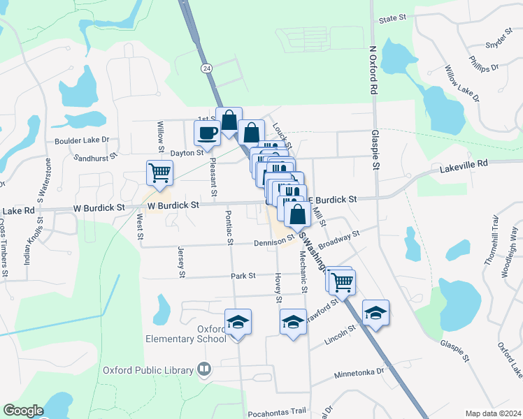 map of restaurants, bars, coffee shops, grocery stores, and more near 19 West Burdick Street in Oakland County