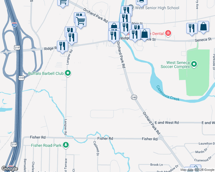 map of restaurants, bars, coffee shops, grocery stores, and more near 885 Orchard Park Road in Buffalo