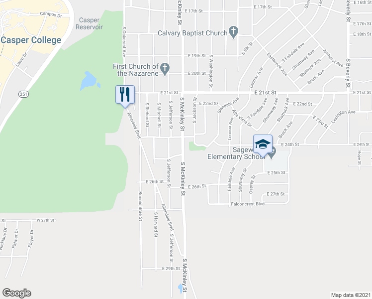 map of restaurants, bars, coffee shops, grocery stores, and more near 961 East 23rd Street in Casper