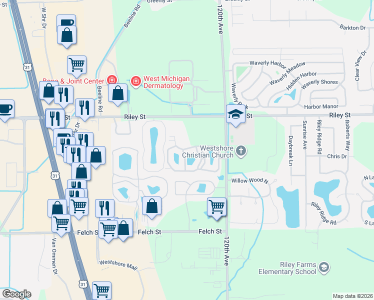 map of restaurants, bars, coffee shops, grocery stores, and more near 12181 North Meadow Springs Drive in Holland