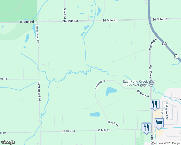 map of restaurants, bars, coffee shops, grocery stores, and more near 11321 Bayberry Drive in Macomb County