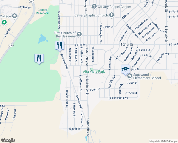 map of restaurants, bars, coffee shops, grocery stores, and more near 2411 South McKinley Street in Casper