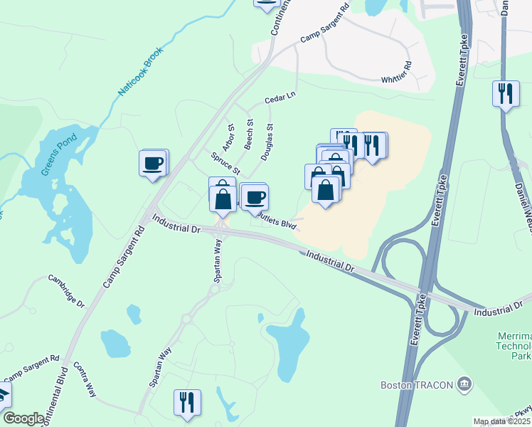 map of restaurants, bars, coffee shops, grocery stores, and more near Premium Outlets Boulevard in Merrimack
