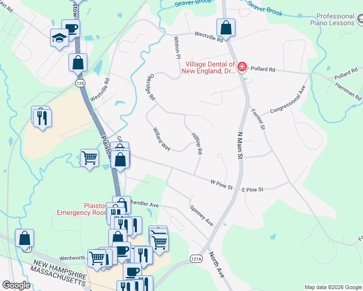 map of restaurants, bars, coffee shops, grocery stores, and more near 14 Hilltop Road in Plaistow