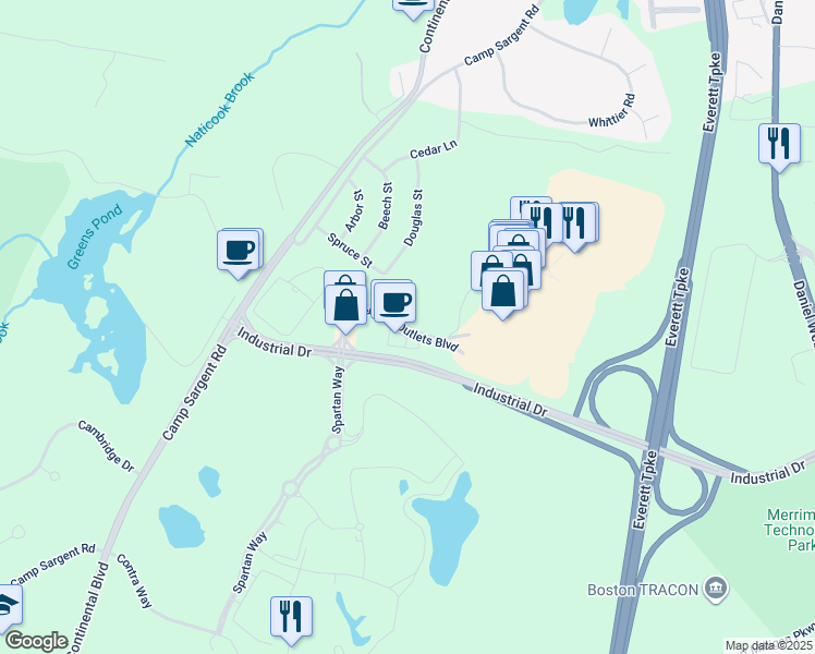 map of restaurants, bars, coffee shops, grocery stores, and more near Premium Outlets Boulevard in Merrimack