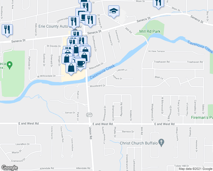 map of restaurants, bars, coffee shops, grocery stores, and more near 71 Woodward Drive in Buffalo