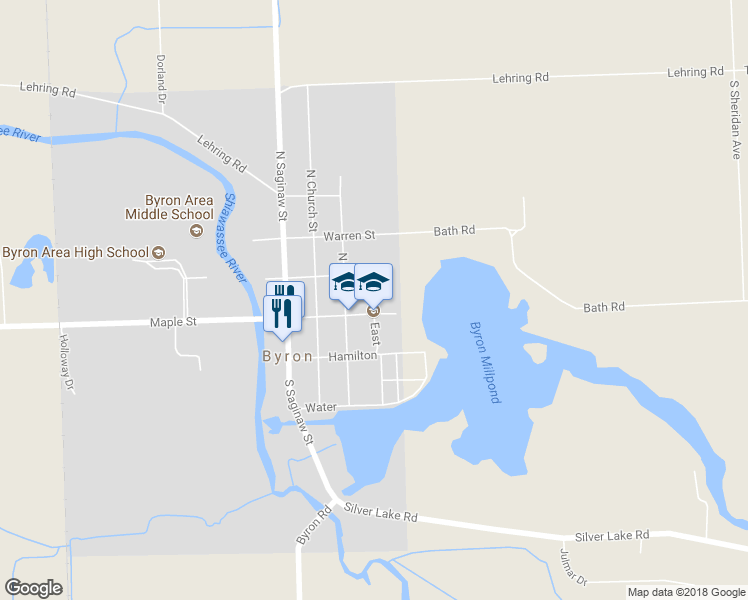 map of restaurants, bars, coffee shops, grocery stores, and more near 401 Maple Street in Byron