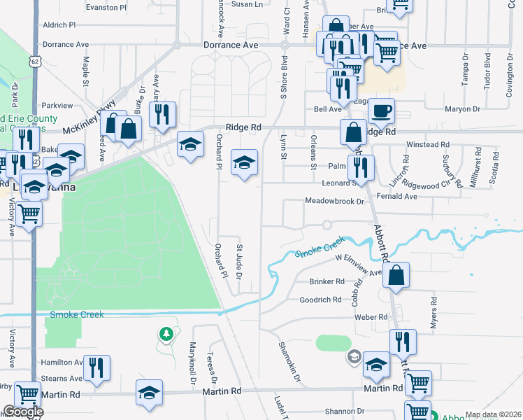 map of restaurants, bars, coffee shops, grocery stores, and more near 281 South Shore Boulevard in Buffalo
