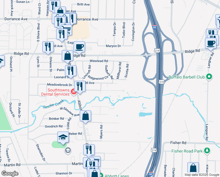 map of restaurants, bars, coffee shops, grocery stores, and more near 137 Fernald Avenue in West Seneca